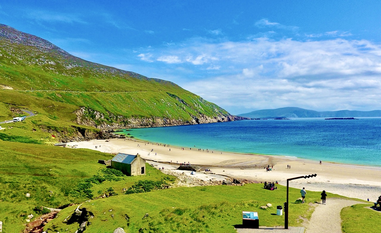 Keem Bay with turquoise water and green hills on Achill Island