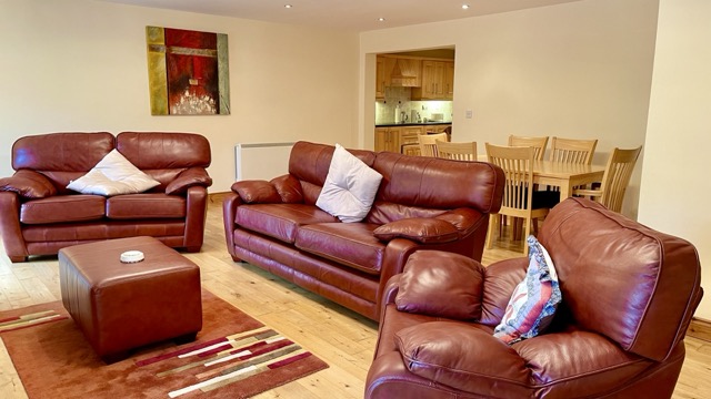 Comfortable lounge with leather sofas and dining area