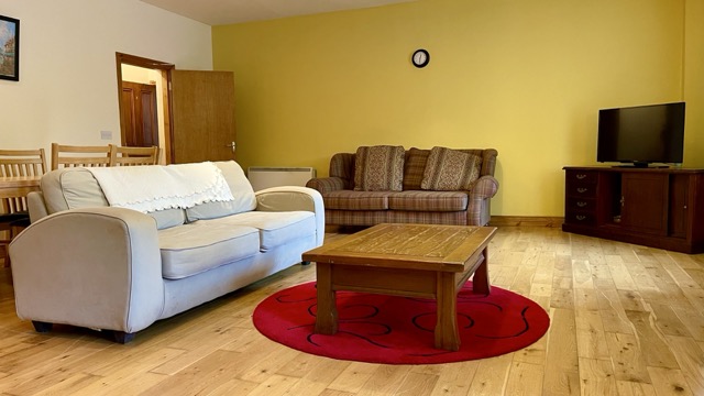 Living room with sofas, coffee table and television