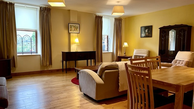 Light-filled living and dining room with tall windows