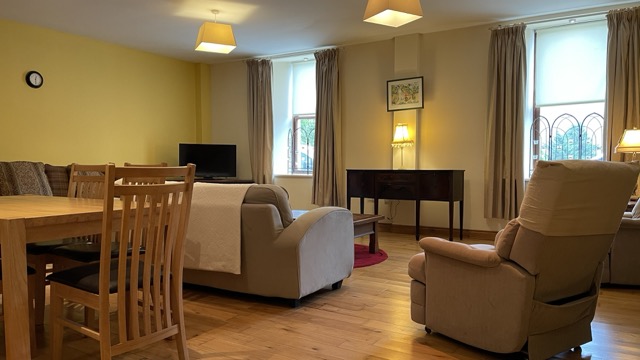 Dining and living room with armchair and lamps