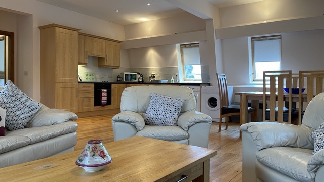 Living area with armchairs and kitchen in the background