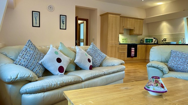 Comfortable lounge with kitchen in the background